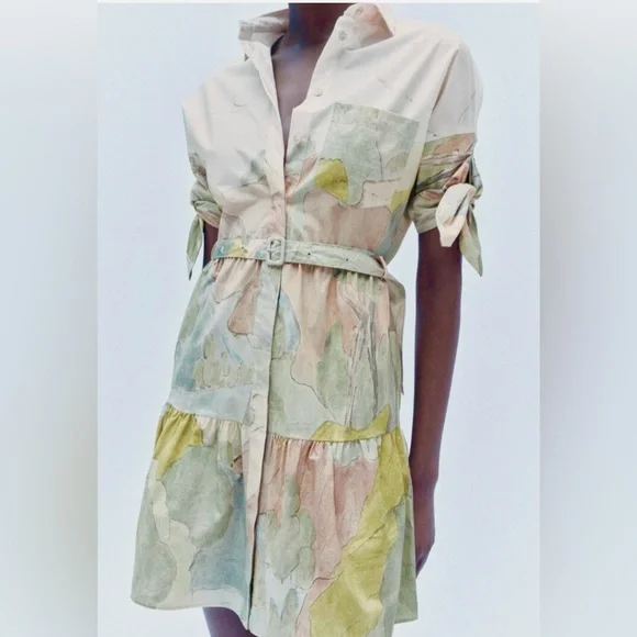 Zara Artistic Midi Dress in Cream and Green - Picture 2 of 4